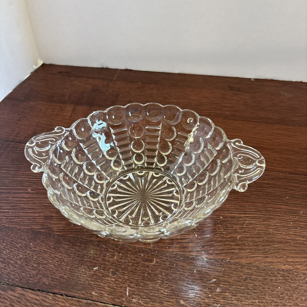 Indiana Glass Handled Candy‎ Dish Mayflower Dewdrop Bubble & Bar 6" VGC